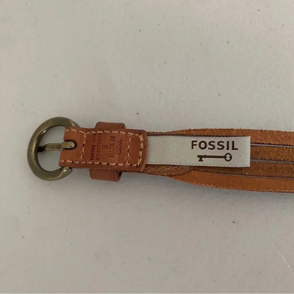 Fossil Braided Brown White Cream Two Tone Leather Thin Skinny Leather Belt Small